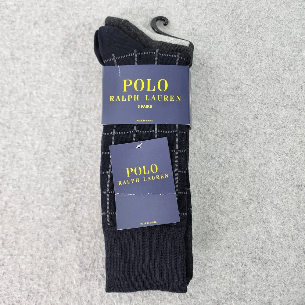 Polo Ralph Lauren Men Size 10-13 Logo Window Pane Solid Navy 3-Pairs Dress Socks